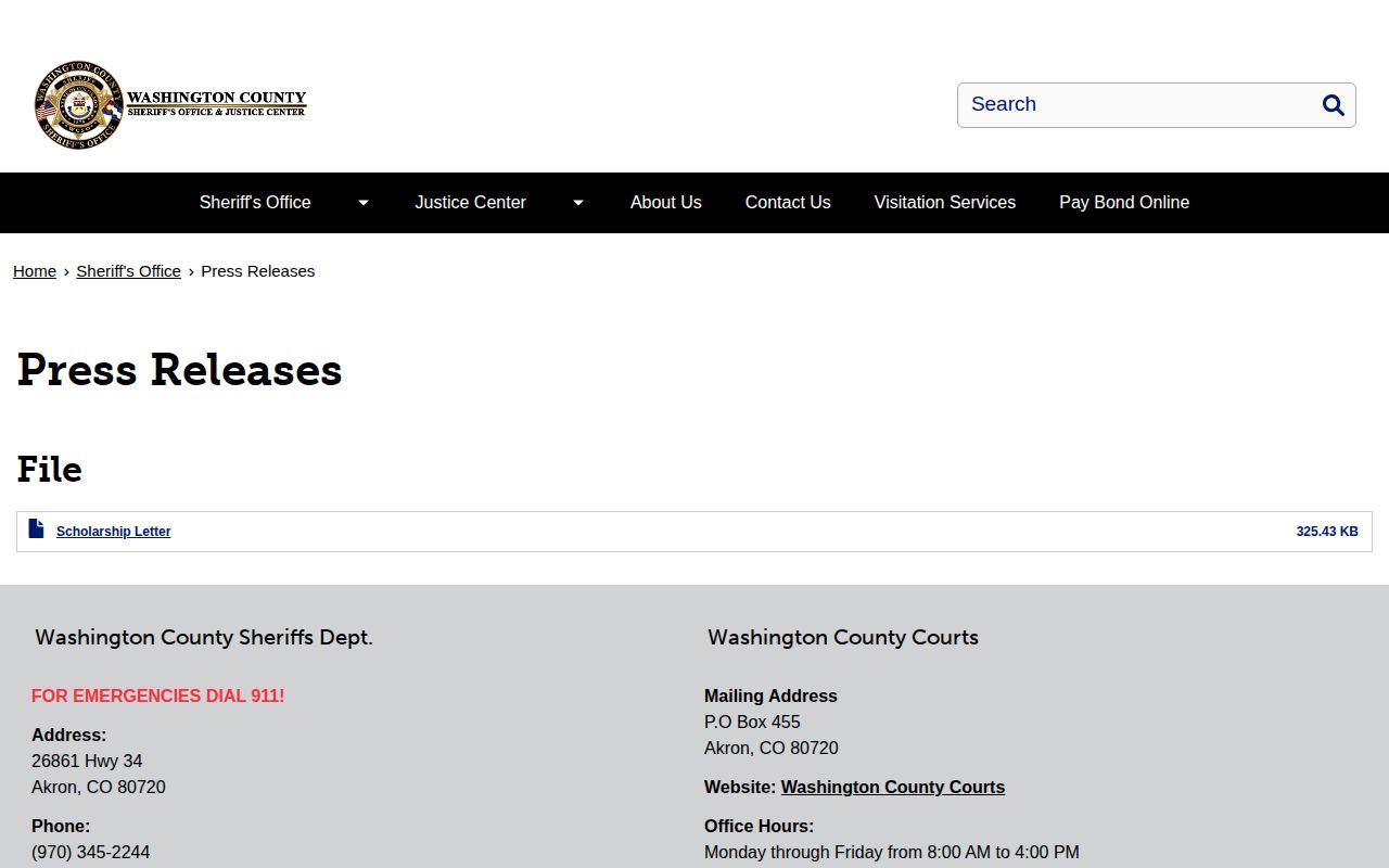 Washington County Colorado Sheriff selected crime and arrest news releases